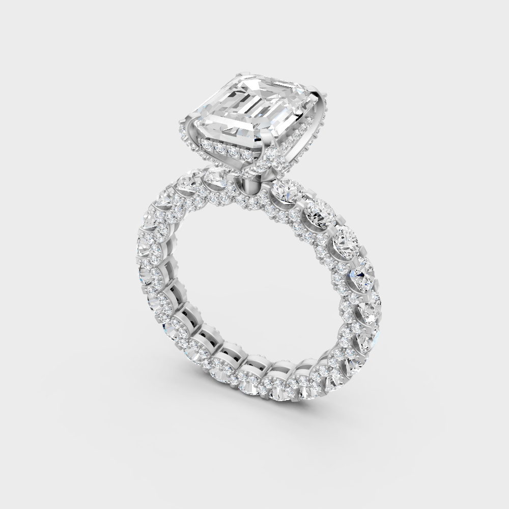 Sleek 18K White Gold Engagement Ring Featuring A 7.28Ct Emerald Diamond Hidden Halo