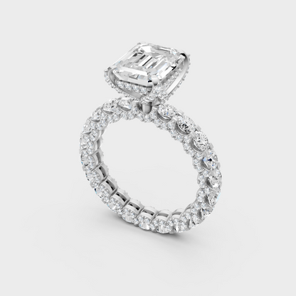 Sleek 18K White Gold Engagement Ring Featuring A 7.28Ct Emerald Diamond Hidden Halo