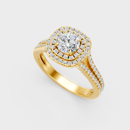 Classic 14K Yellow Gold Engagement Ring Featuring A Round Lab Diamond With Double Halo