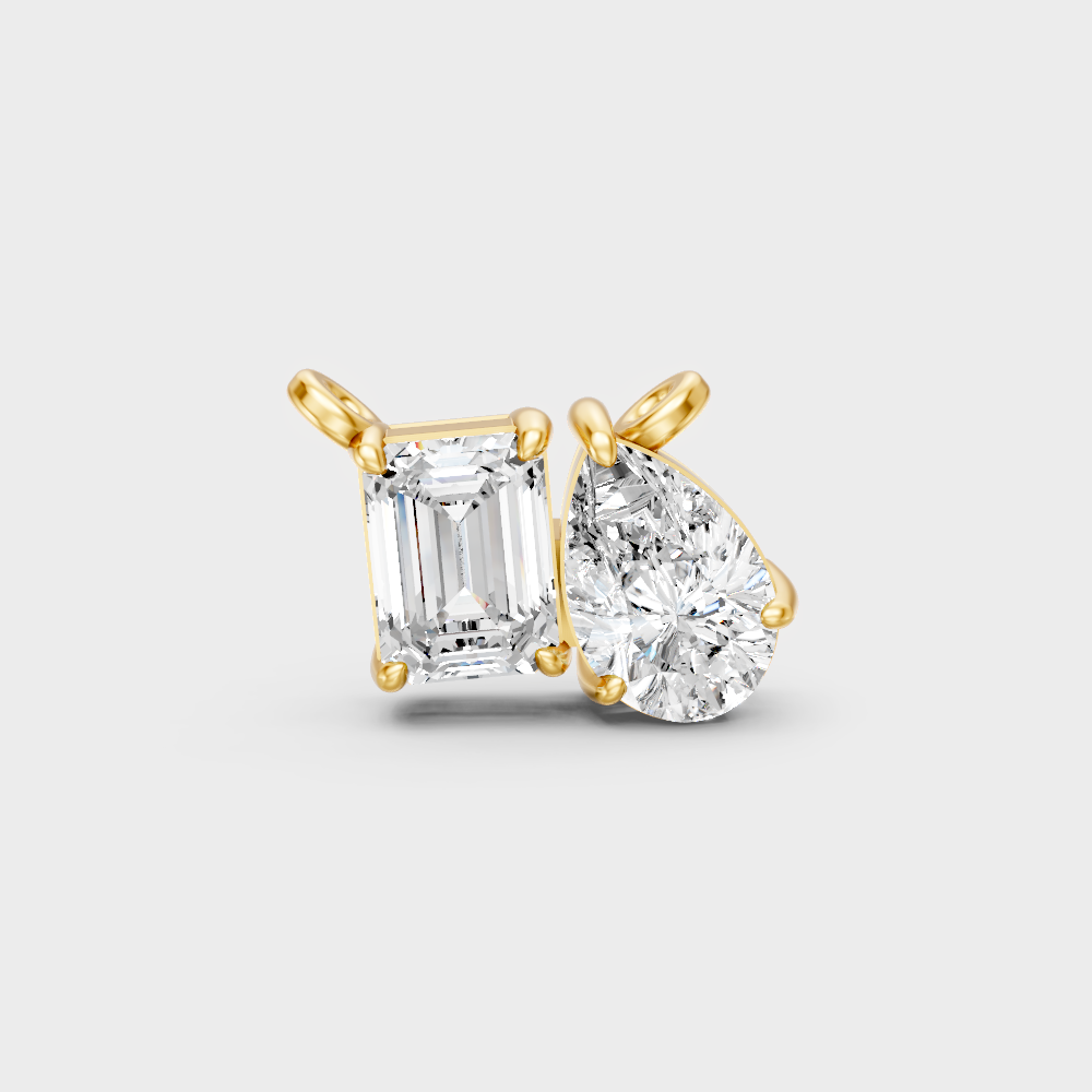 Classic Yellow Gold Toi-Et-Moi Necklace Featuring Emerald And Pear Lab Diamonds
