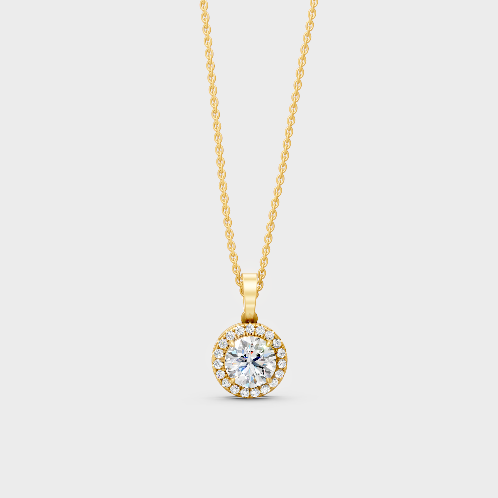 2.39 Ct Round Cut Lab-Grown Diamond Halo Pendant With Chain In Yellow Gold
