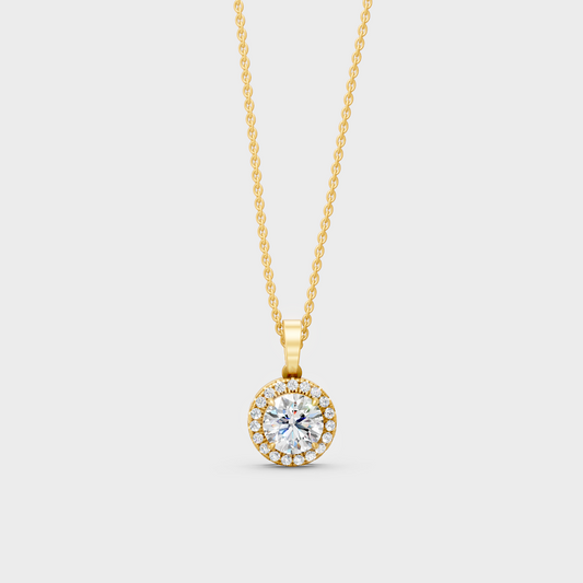 2.39 Ct Round Cut Lab-Grown Diamond Halo Pendant With Chain In Yellow Gold