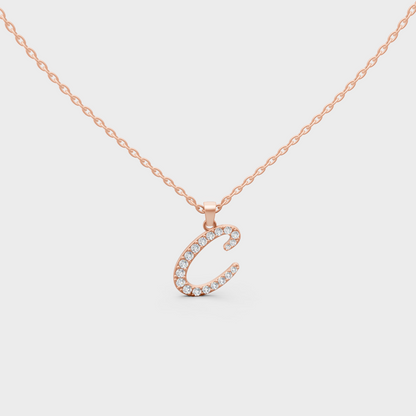 Blush Pink 14K Rose Gold Letter C Initial Necklace Set with Brilliant Round Lab Diamonds