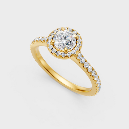 Classic 14K Yellow Gold Engagement Ring Featuring A Round Lab Diamond With Halo