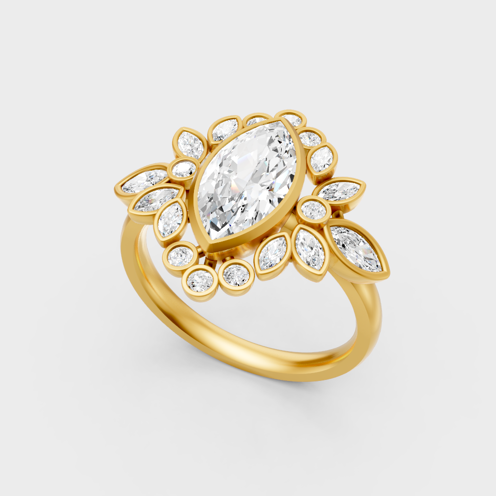 Classic 14K Yellow Gold Engagement Ring Featuring A  Marquise Diamond With Accents