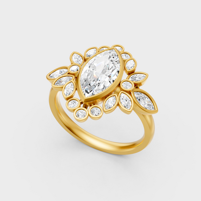 Classic 14K Yellow Gold Engagement Ring Featuring A  Marquise Diamond With Accents