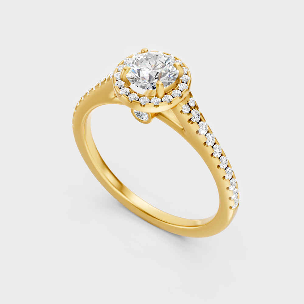 Classic 14K Yellow Gold Engagement Ring Featuring A Round Lab Diamond With Halo