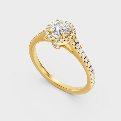 Classic 14K Yellow Gold Engagement Ring Featuring A Round Lab Diamond With Halo