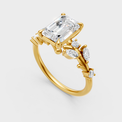 Classic 14K Yellow Gold Ring Featuring Emerald Round And Marquise Lab Diamonds