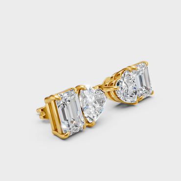 Toi-Et-Moi Emerald And Heart Cut 4 Carat Lab-Grown Diamond Stud Earrings In 14K Yellow Gold – Certified Diamond Ethical Fine Jewelry