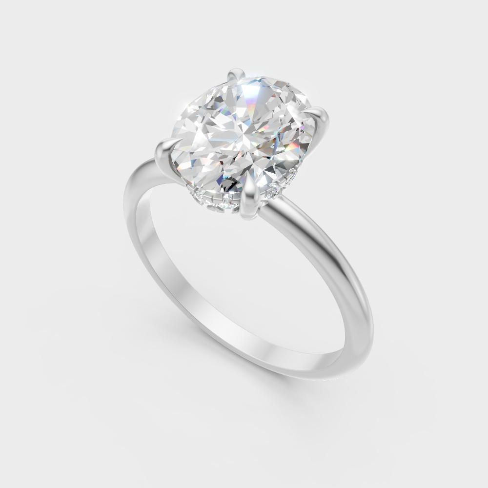  Sleek 18K White Gold Engagement Ring Featuring A 2.59Ct Oval Diamond Hidden Halo