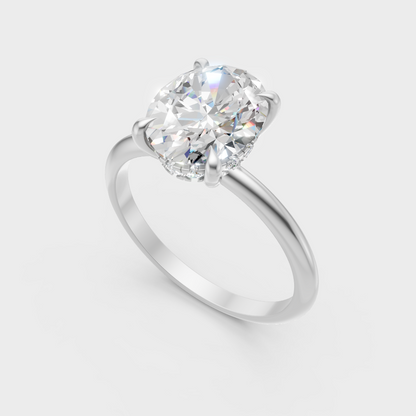  Sleek 18K White Gold Engagement Ring Featuring A 2.59Ct Oval Diamond Hidden Halo