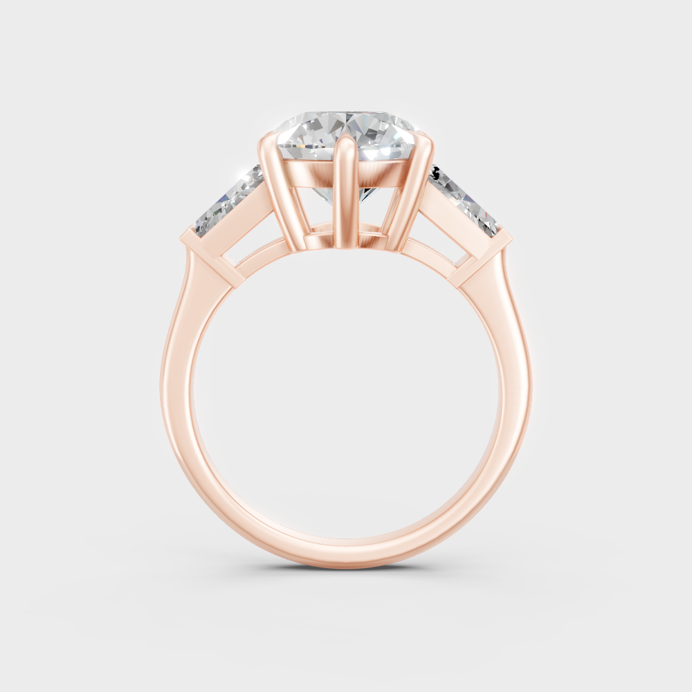 Rose gold three-stone diamond ring with a round-baguette lab-grown design