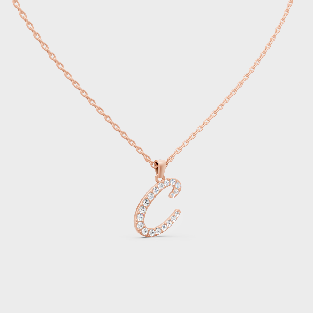 Romantic Rose Gold "C" Alphabet Lab Grown Diamond Pendant and Dainty Cable Chain