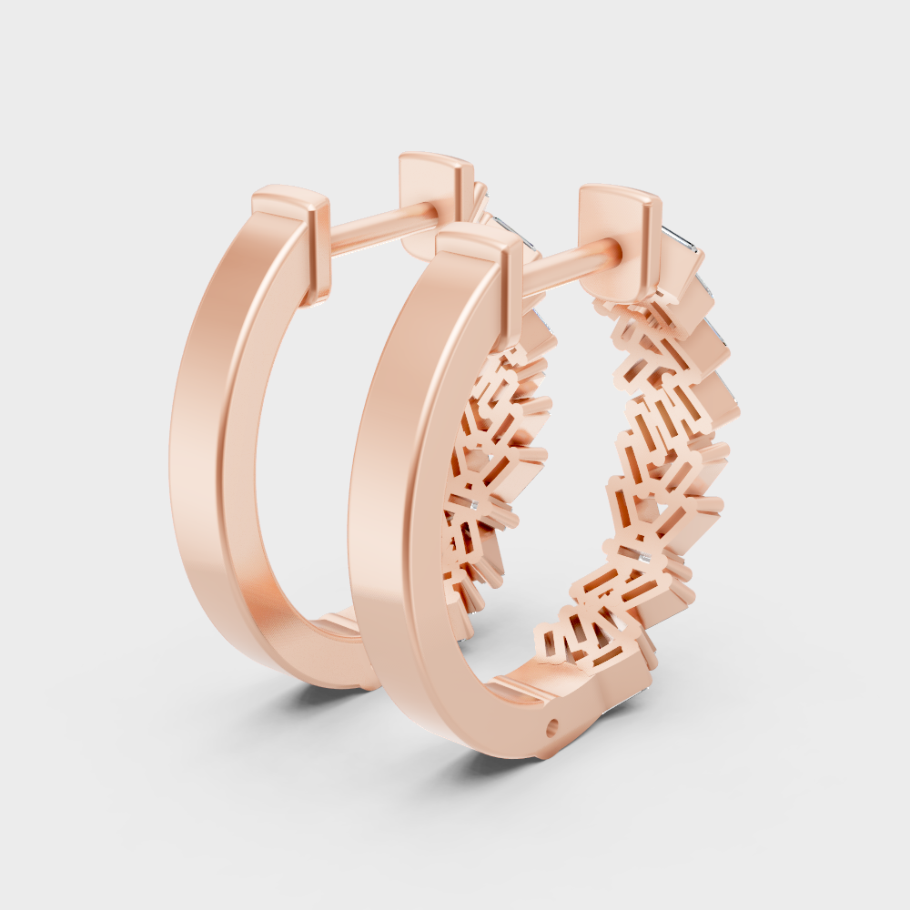 Modern rose gold hoops with sleek baguette lab diamonds and hallmark gold