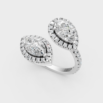 Premium 950 Platinum Toi-Et-Moi Halo Engagement Ring With Pear And Marquise Diamonds