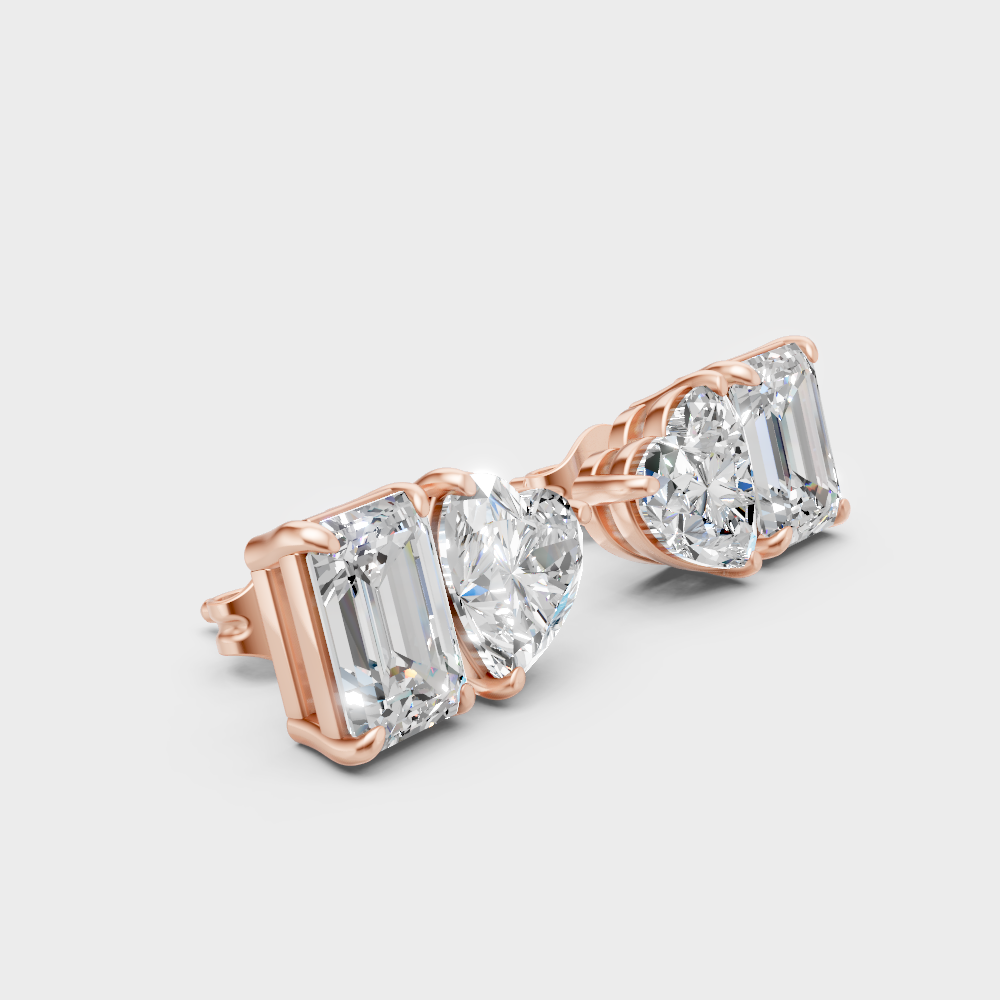 Toi-Et-Moi Emerald And Heart Cut 4 Carat Lab-Grown Diamond Stud Earrings In 14K Rose Gold – Certified Diamond Luxury Jewelry
