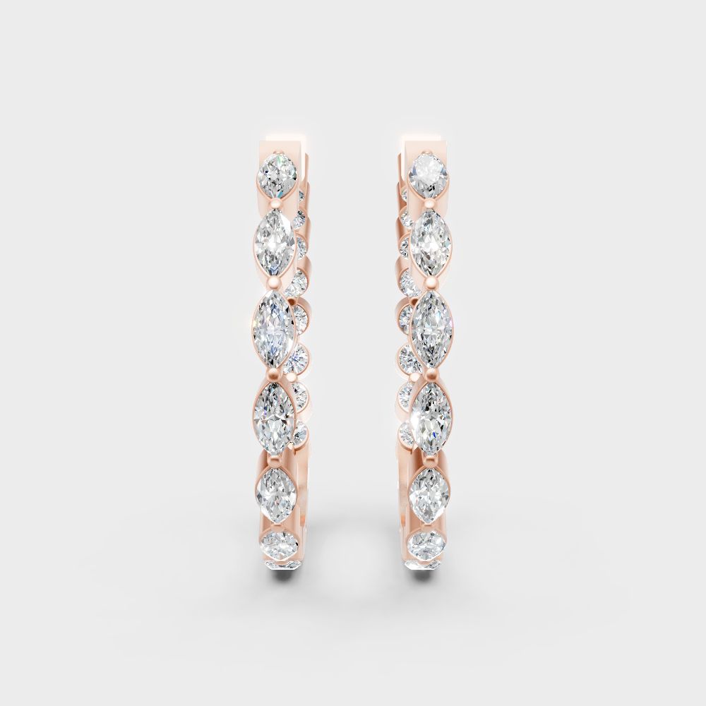 Unique rose gold diamond hoops featuring a blend of marquise and round-cut stones