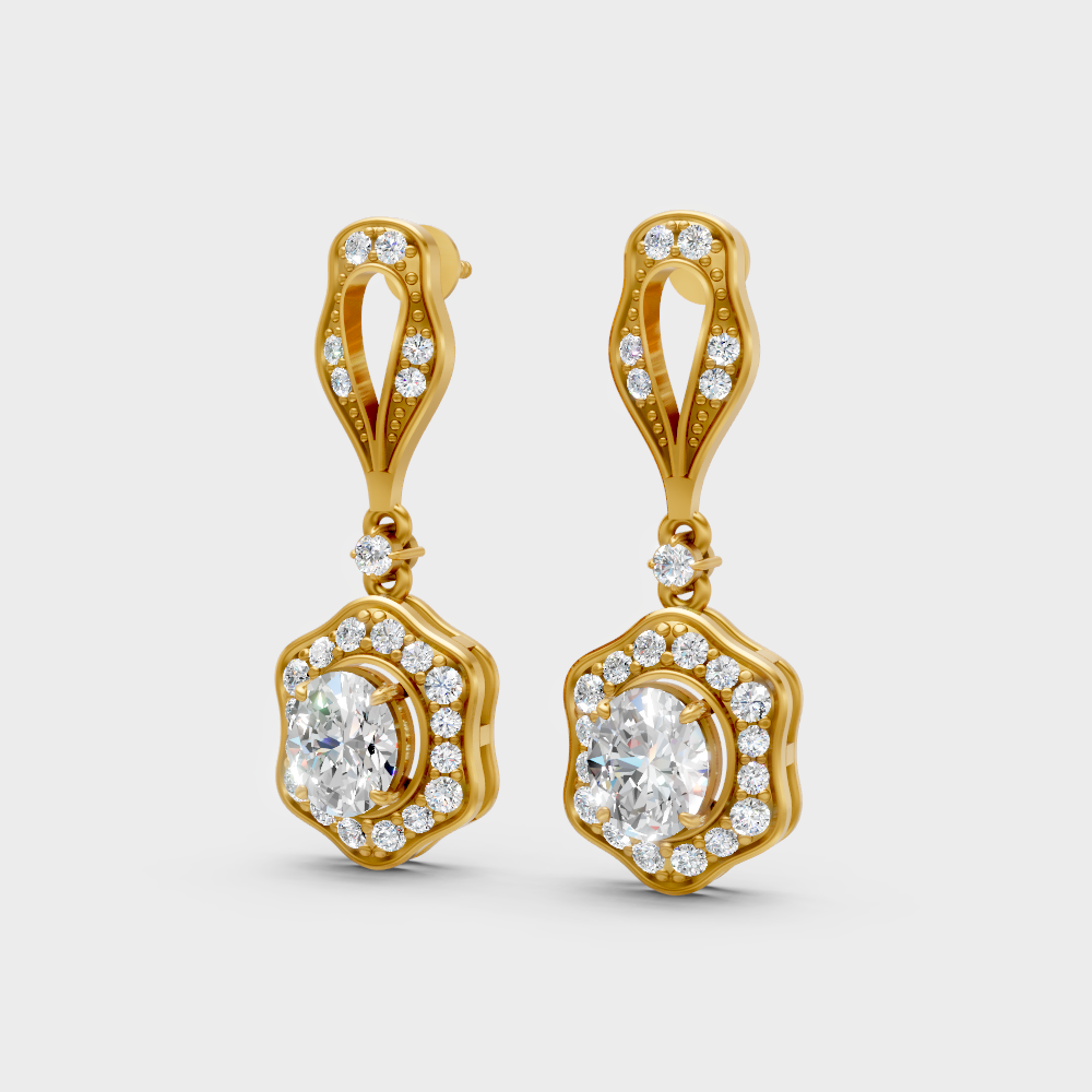 1.426 Ct Round And Oval Cut Lab-Grown Diamond Drop Earrings In Yellow Gold