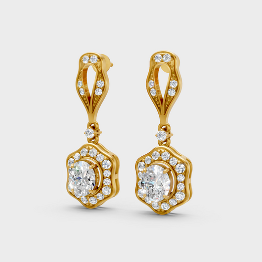 1.426 Ct Round And Oval Cut Lab-Grown Diamond Drop Earrings In Yellow Gold