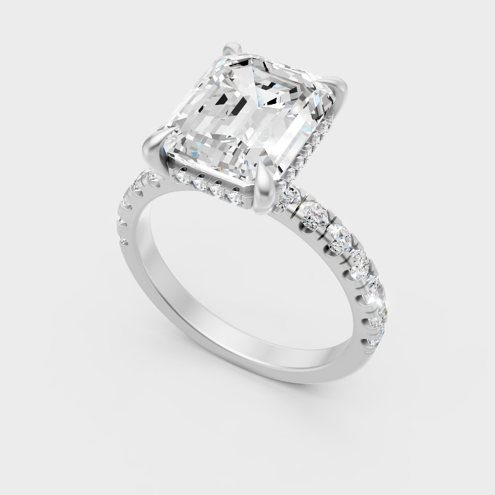 Sleek 18K White Gold Engagement Ring Featuring A 4.30Ct Emerald Diamond Hidden Halo