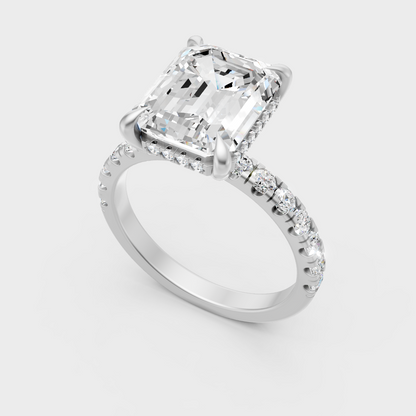 Sleek 18K White Gold Engagement Ring Featuring A 4.30Ct Emerald Diamond Hidden Halo