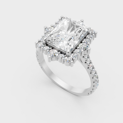 Sleek 18K White Gold Engagement Ring Featuring A 3.79Ct Radiant Diamond Center