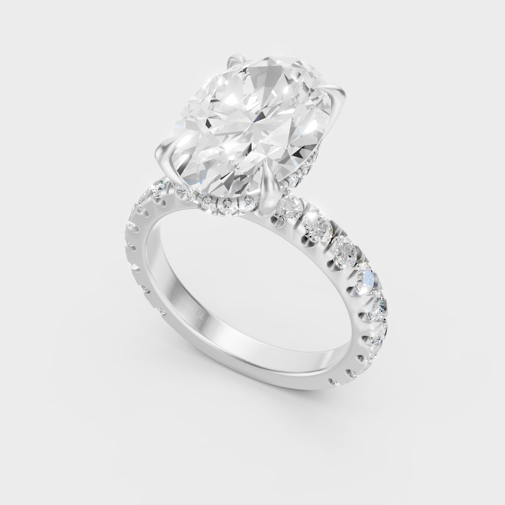 Sleek 18K White Gold Engagement Ring Featuring A 3.89Ct Oval Diamond Hidden Halo