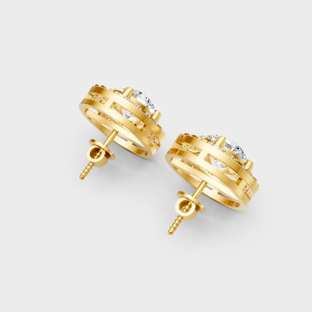 Bridal Round Cut Diamond Halo Stud Earrings Yellow Gold