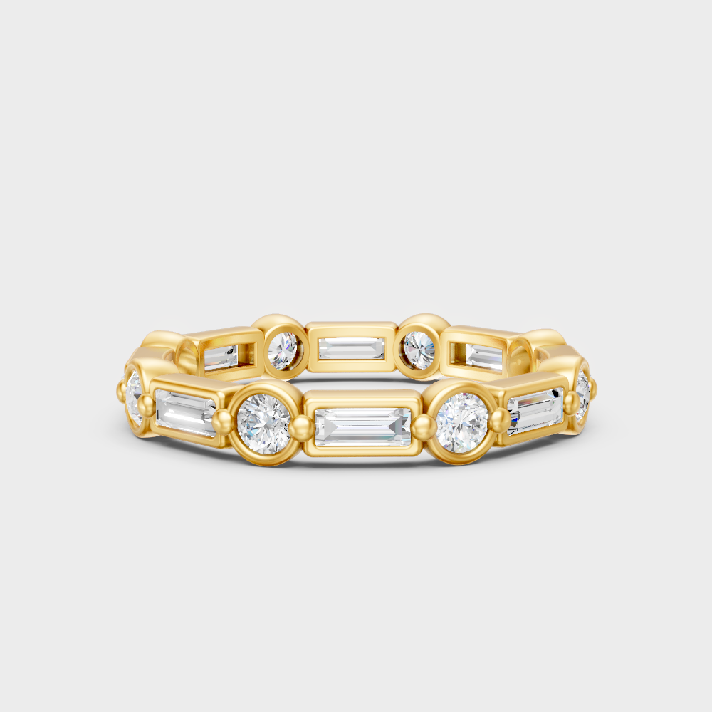 Customizable Yellow Gold Diamond Band Featuring Sustainable Round And Baguette Stones