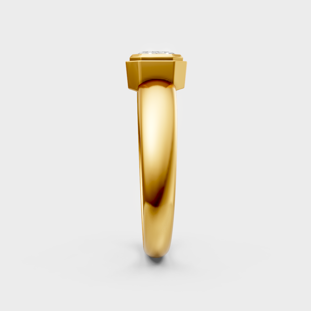 Yellow gold solitaire ring with a hallmarked emerald-cut lab-grown diamond