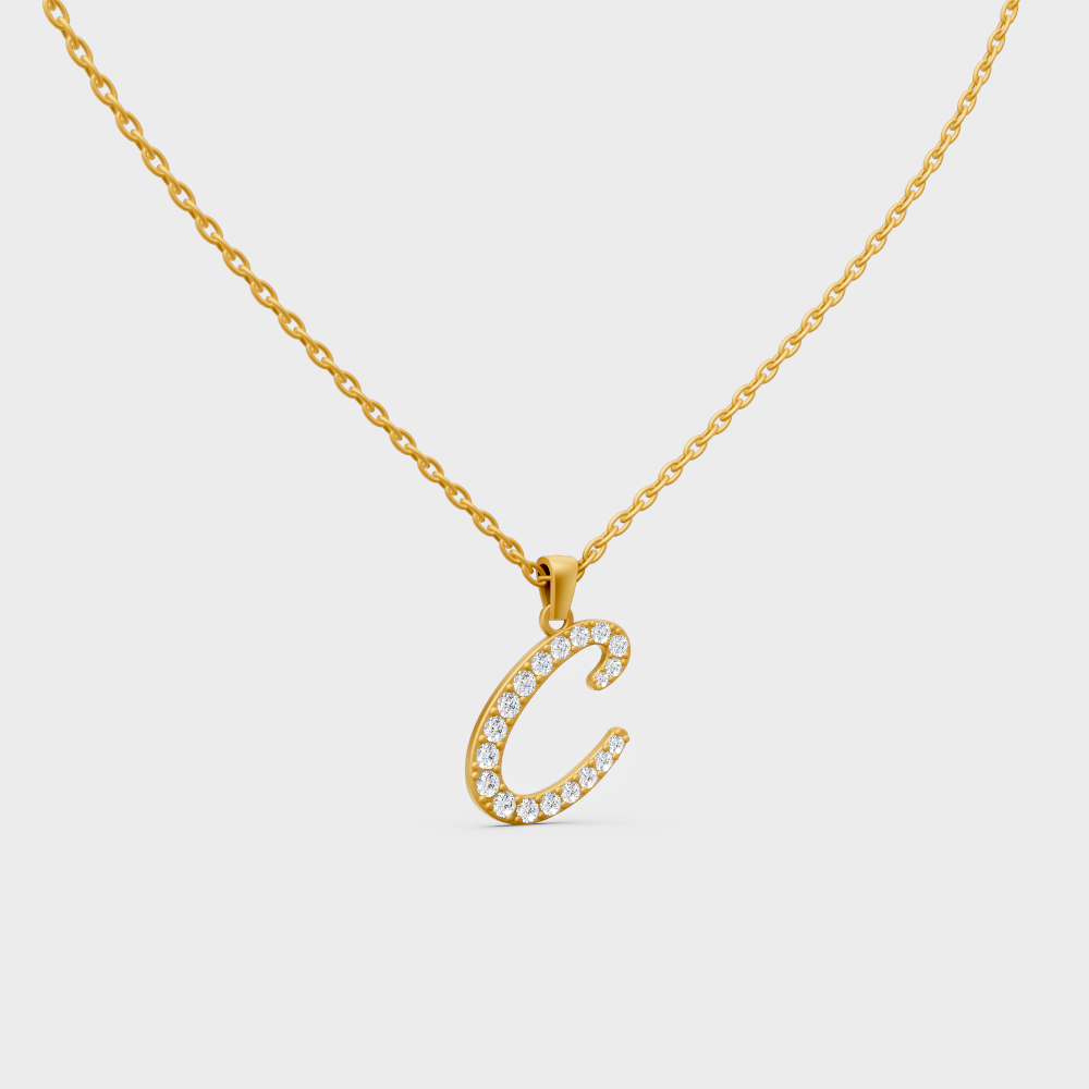 Front View of "C" Alphabet Lab Grown Diamond Pendant with Matching Yellow Gold Chain