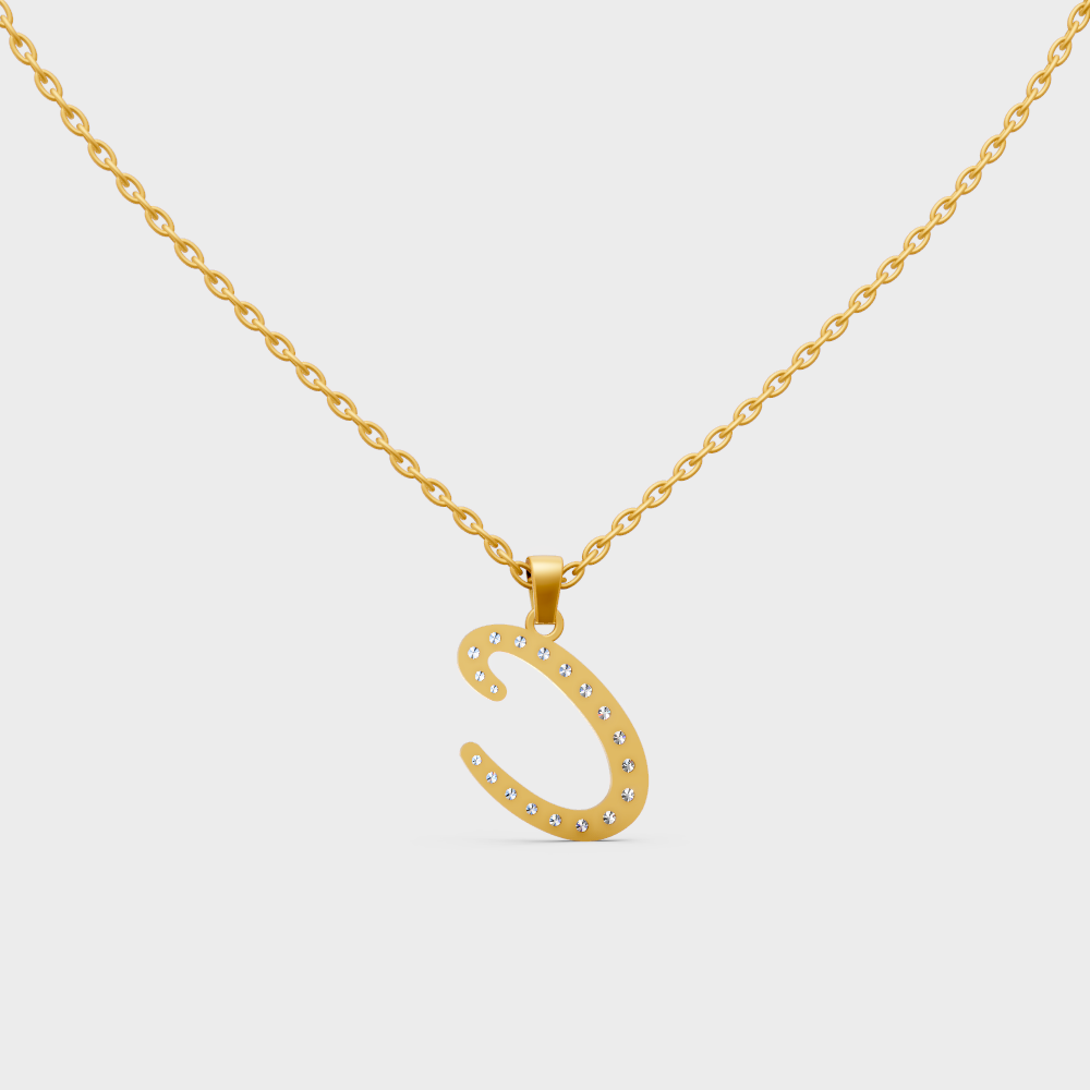 Model Wearing Capital Letter C Lab Created Diamond Necklace in 9K Yellow Gold