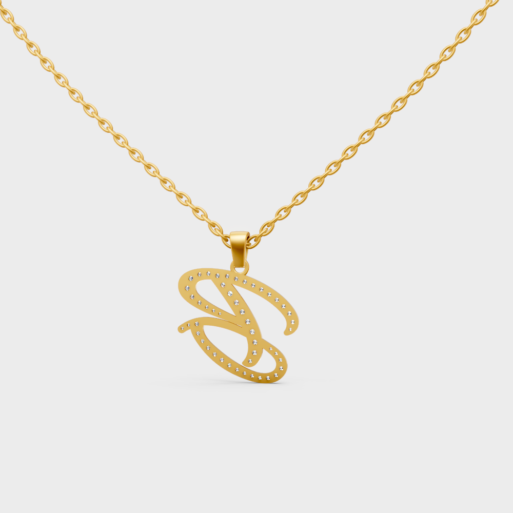 Model Wearing Capital Letter B Lab Created Diamond Necklace in 9K Yellow Gold