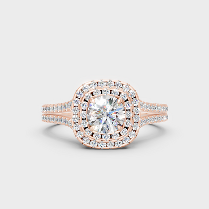 Unique Rose Gold Double Halo Ring Featuring An Igi Certified Round Lab Diamond