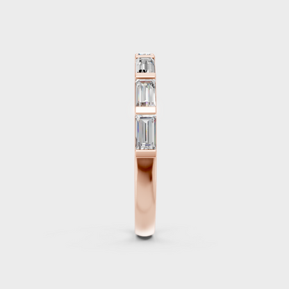 rose gold stackable band featuring certified baguette diamonds