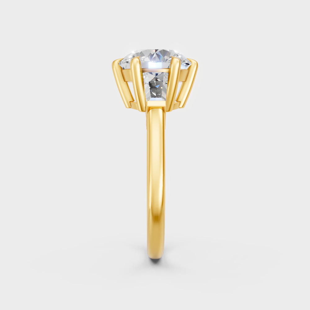 Hallmarked yellow gold trio ring showcasing premium lab-grown round and baguette stones