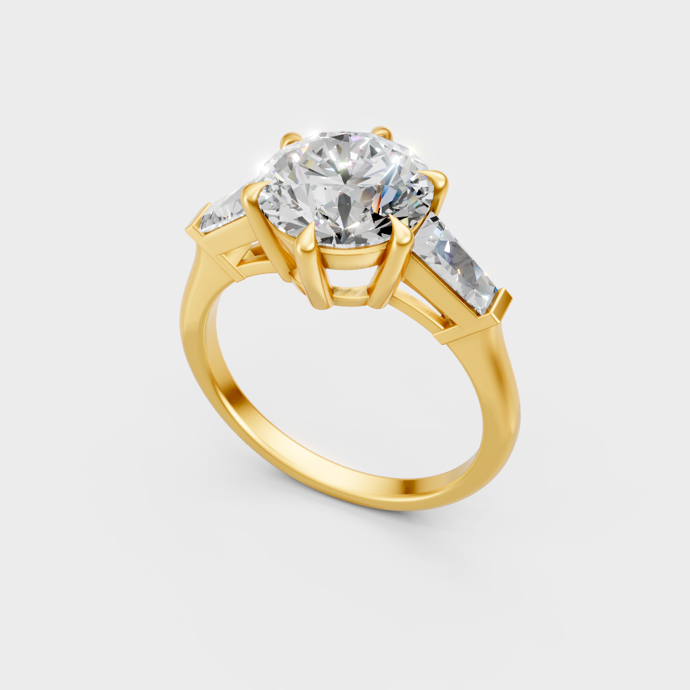 Classic yellow gold engagement ring with a round and baguette-cut design