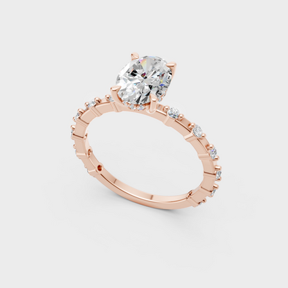 Unique rose gold solitaire featuring an Igi-certified oval-cut lab diamond