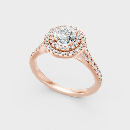 Unique Rose Gold Double Halo Ring Featuring An Igi Certified  Round Lab Diamond
