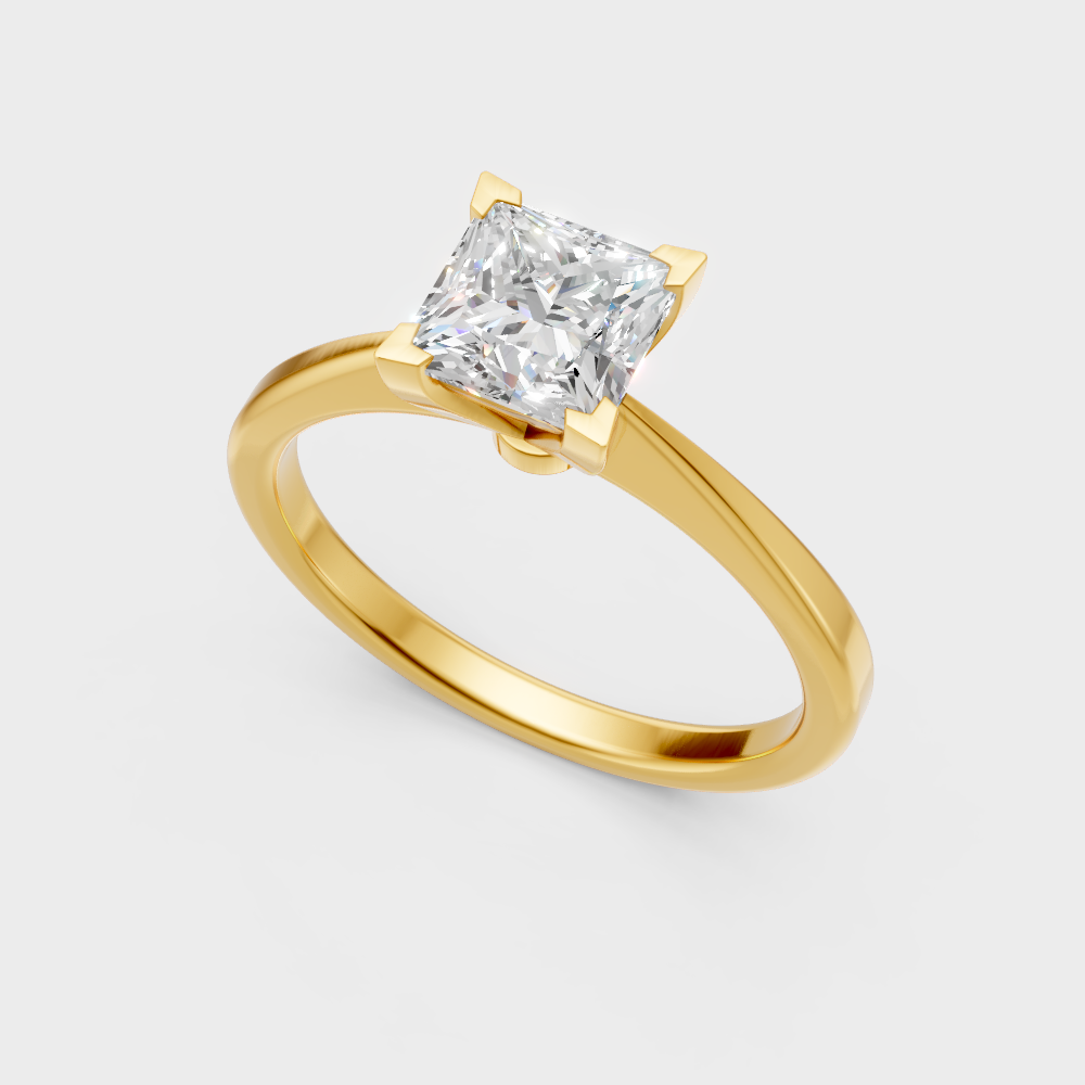 Classic yellow gold engagement ring featuring a princess lab diamond