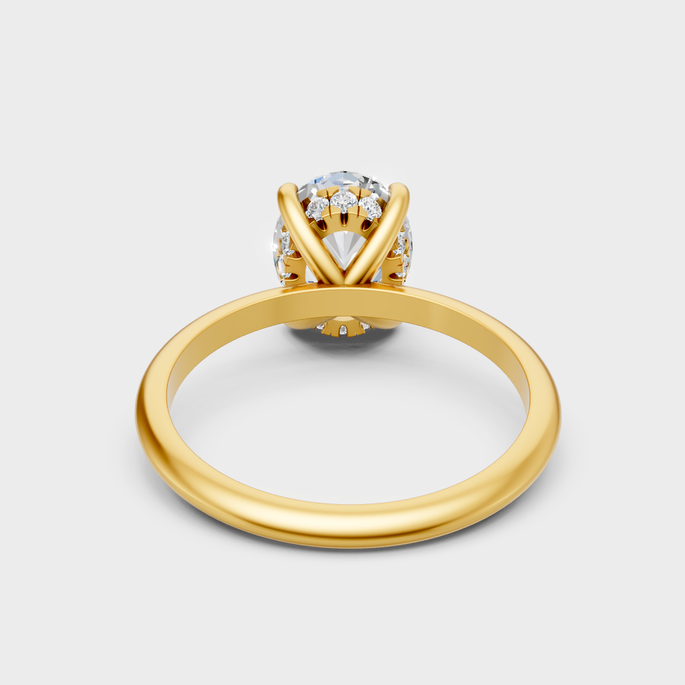 Customizable Yellow Gold Hidden Halo Ring Featuring A 2.59 Carat Sustainable Oval Diamond