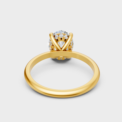 Customizable Yellow Gold Hidden Halo Ring Featuring A 2.59 Carat Sustainable Oval Diamond