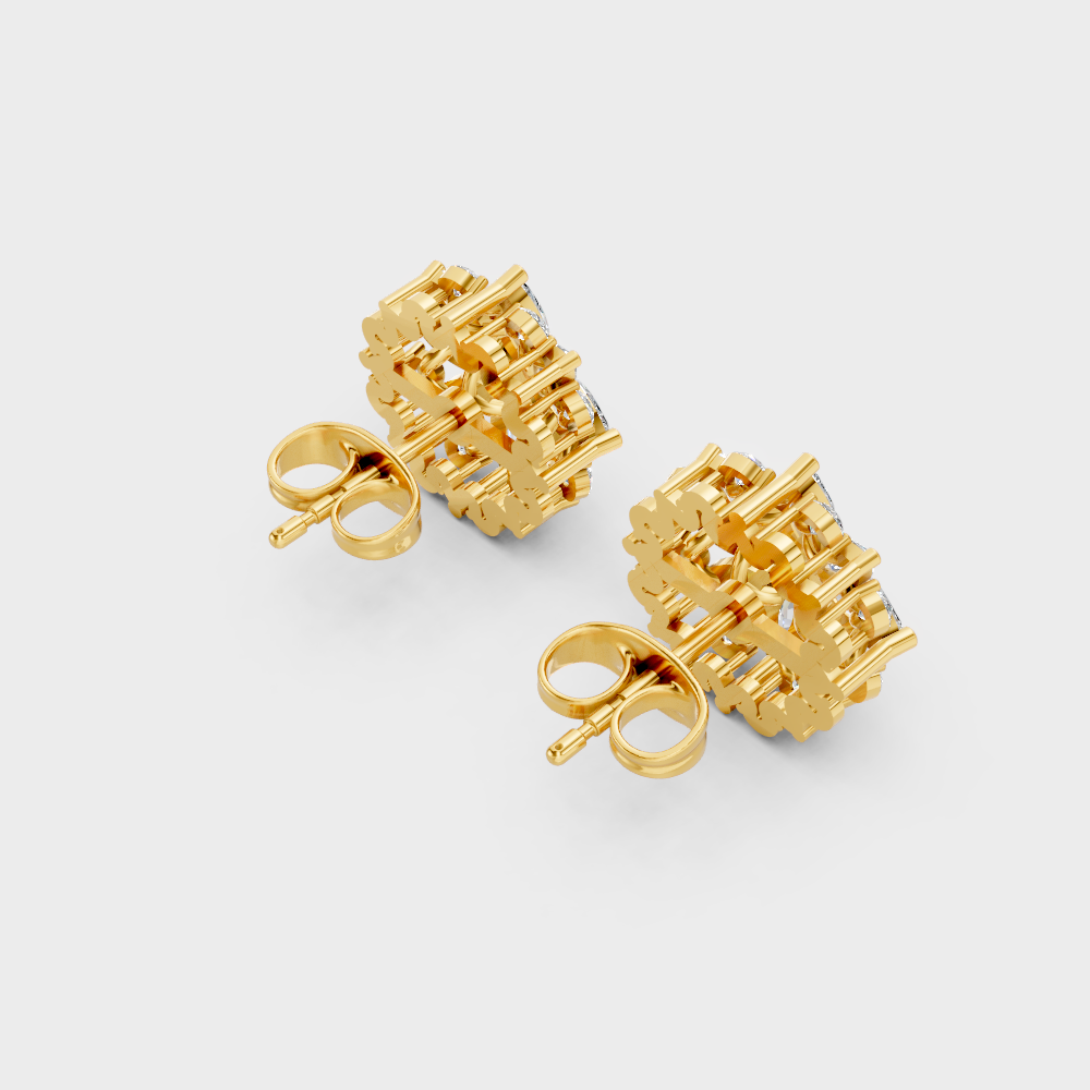 Hallmarked 18K Yellow Gold Stud Earrings With Brilliant Round And Marquise Lab Diamonds