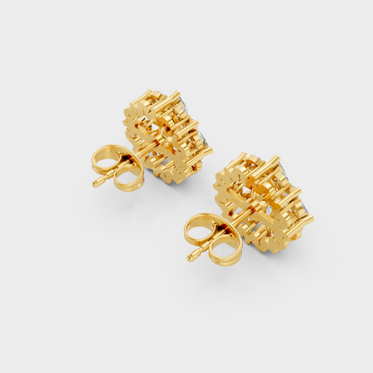 Hallmarked 18K Yellow Gold Stud Earrings With Brilliant Round And Marquise Lab Diamonds