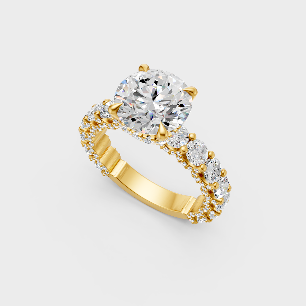 Classic yellow gold engagement ring featuring a massive round lab diamond
