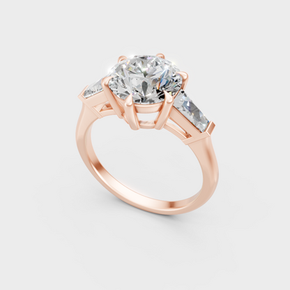 Unique rose gold solitaire featuring an IGI-certified round and baguette-cut trio