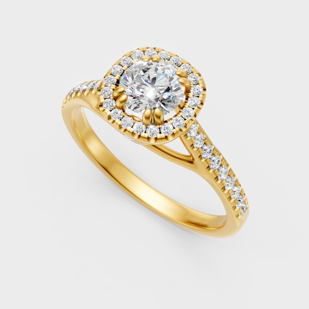 Classic 14K Yellow Gold Engagement Ring Featuring A Round Lab Diamond With Halo