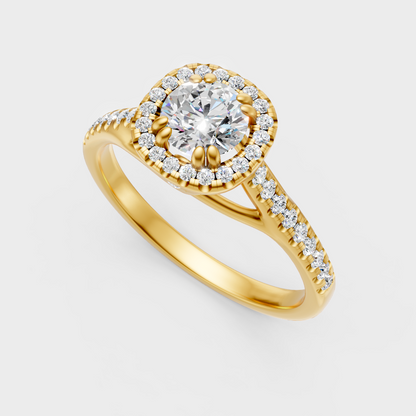 Classic 14K Yellow Gold Engagement Ring Featuring A Round Lab Diamond With Halo