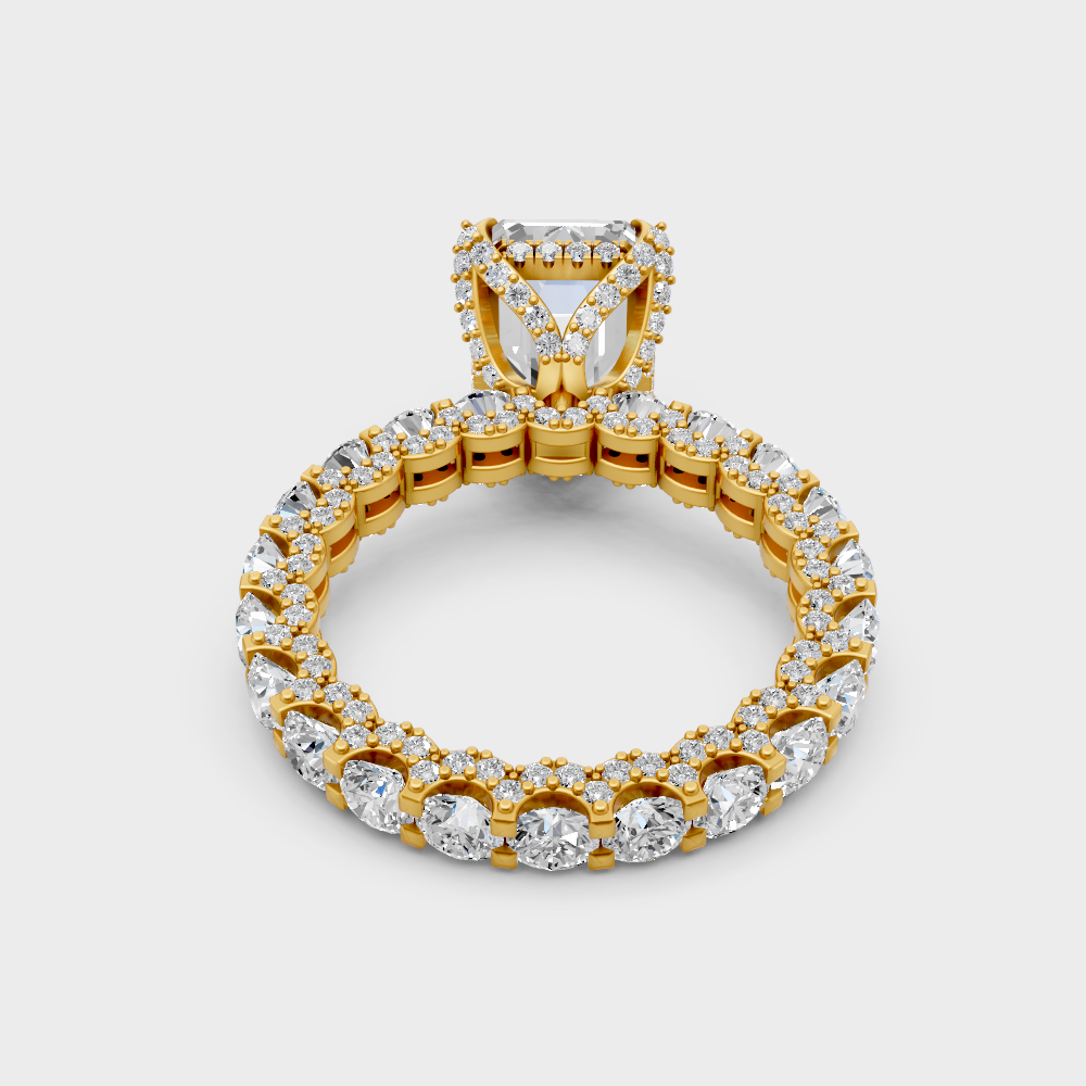 Customizable Yellow Gold Hidden Halo Ring Featuring A 7.28 Carat Sustainable Emerald Diamond